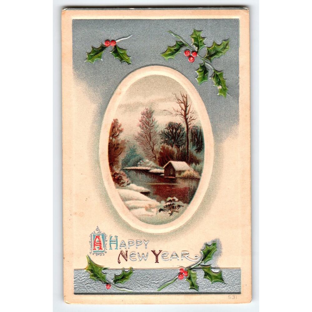 Vintage Embossed Happy New Year Postcard Winter Cabin Scene 1910